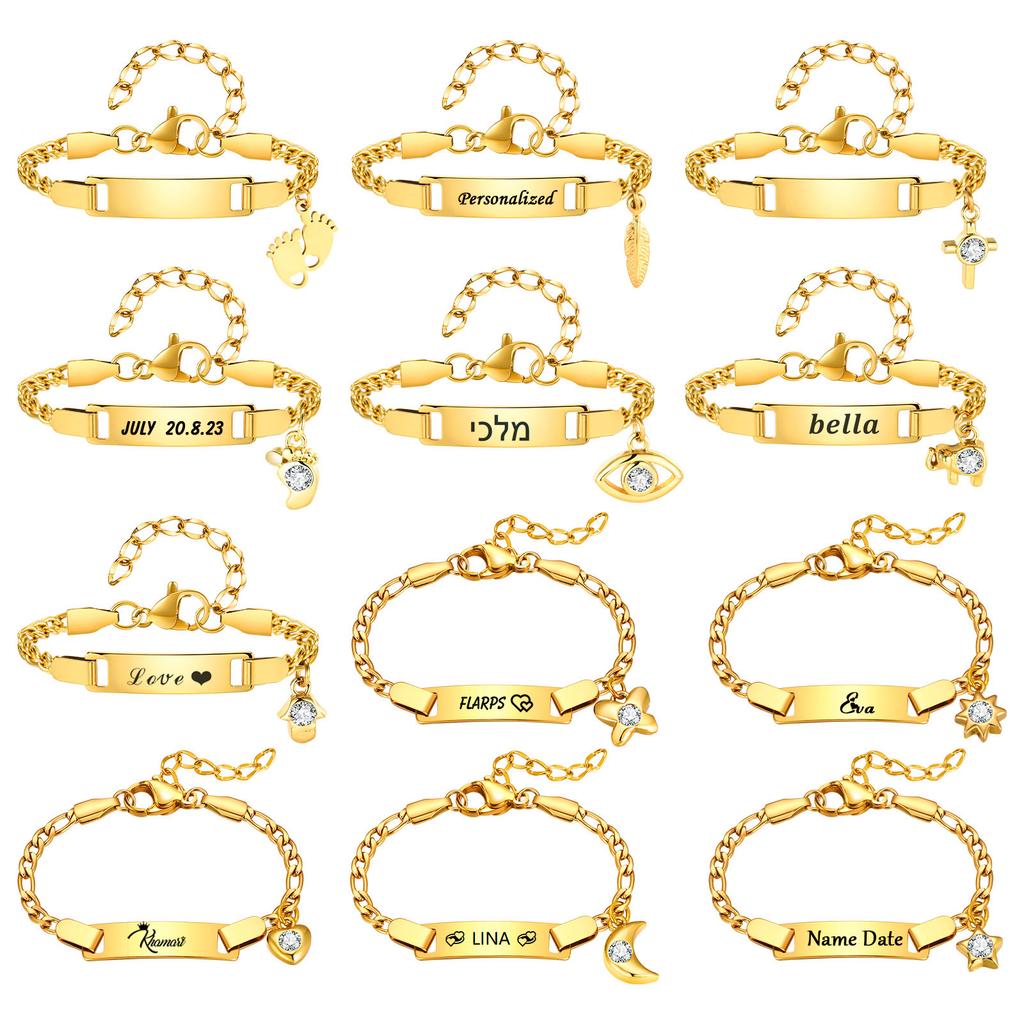 Personalized Baby Name ID Bracelet, Adjustable Stainless Steel Chain, Charms Eye/foot/cross, Engraved Kid Newborn Birthday Gift