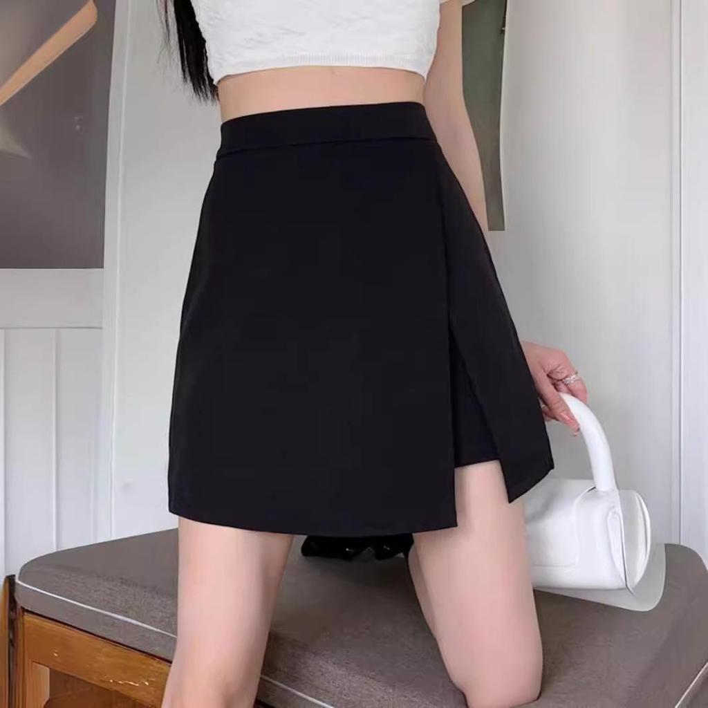 2025 Summer High-Waist Black A-line Midi Skirt - Slimming Plus Size, Hip-Hugging Design with Slit for Women