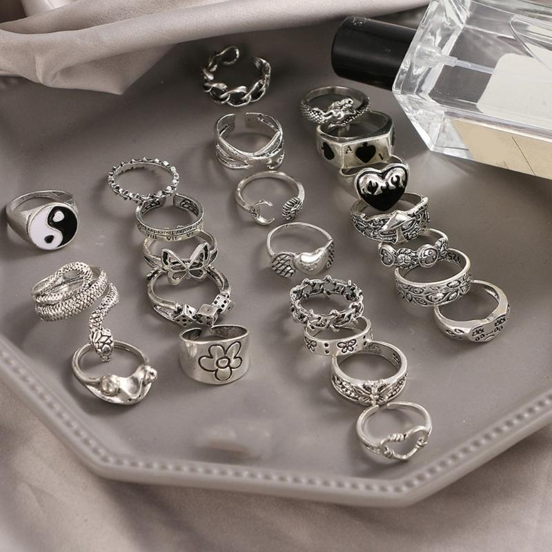24pcs Y2K Gothic Rings Set for Women and Men Silver Punk Grunge Vintage Jewelry with Heart Snake Flower Designs