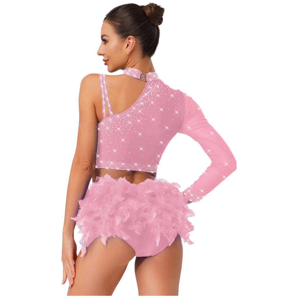2-Piece Latin Dancewear Set for Womens - Sparkly Rhinestone One Shoulder Crop Top and Feather Back Briefs for Chacha Tango Belly Dance