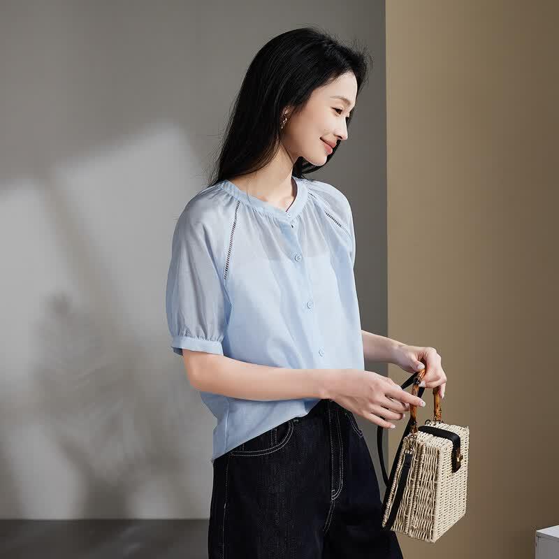 SOFSIL 2026 Summer French Round Neck Puff Sleeve Silk Blend Shirt M