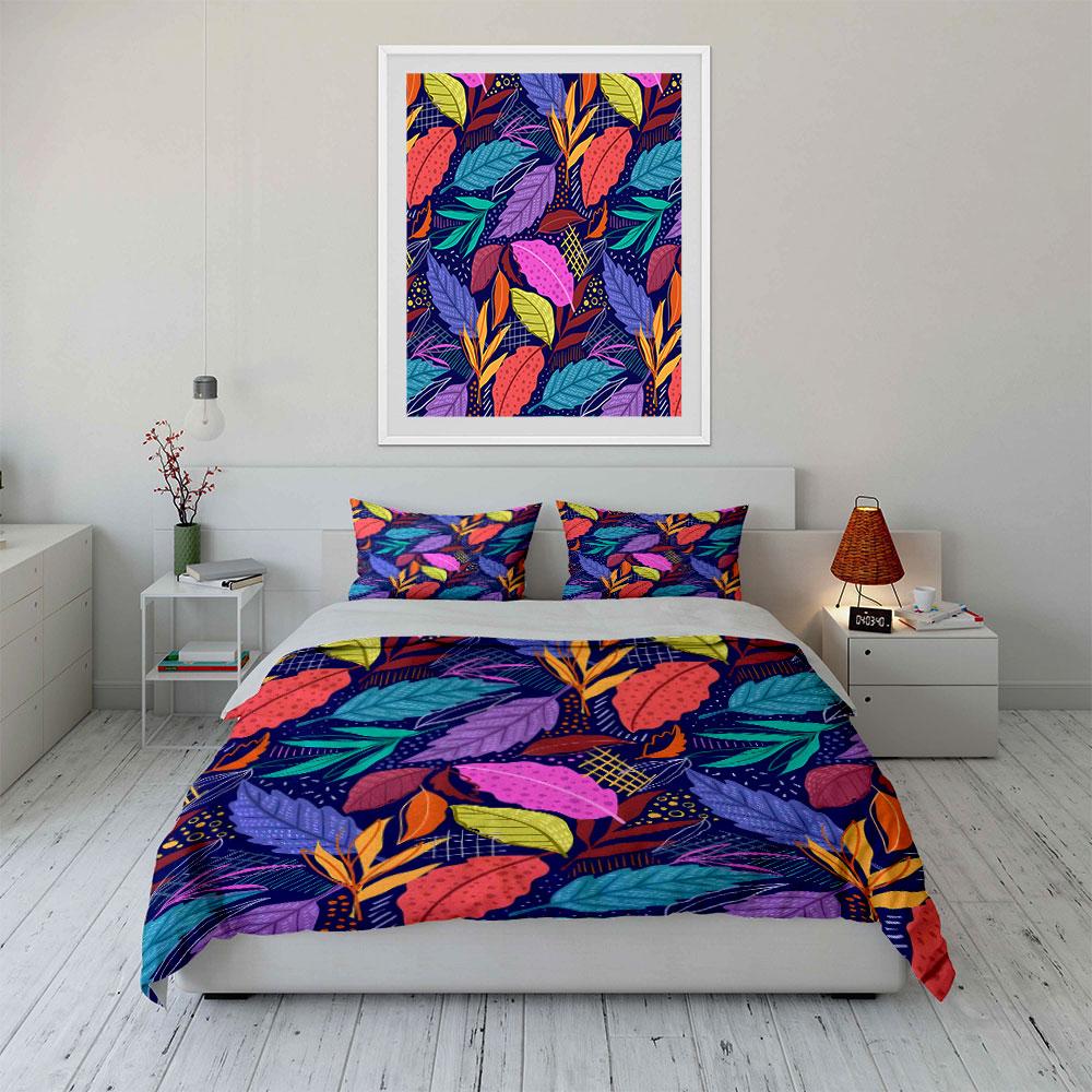 Colorful Tropical Leaves Background Print Bedding Set 1 Duvet Cover 2 Pillowcases for Adult and Children Luxury Gift Full Size