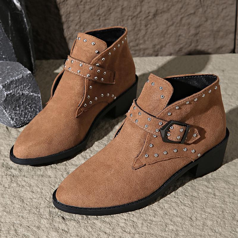 

Ретро заклепки остроносые сапоги в стиле вестерн женские модные пряжки толстые каблуки ботильоны женские большие размеры искусственная замша ковбойские ботинки женские 36