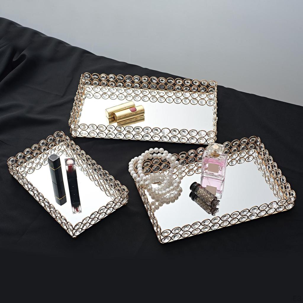 Decorative Makeup Vanity Trays Crystal Mirrored Trinket Ornate Perfume Plate for Dresser - 3