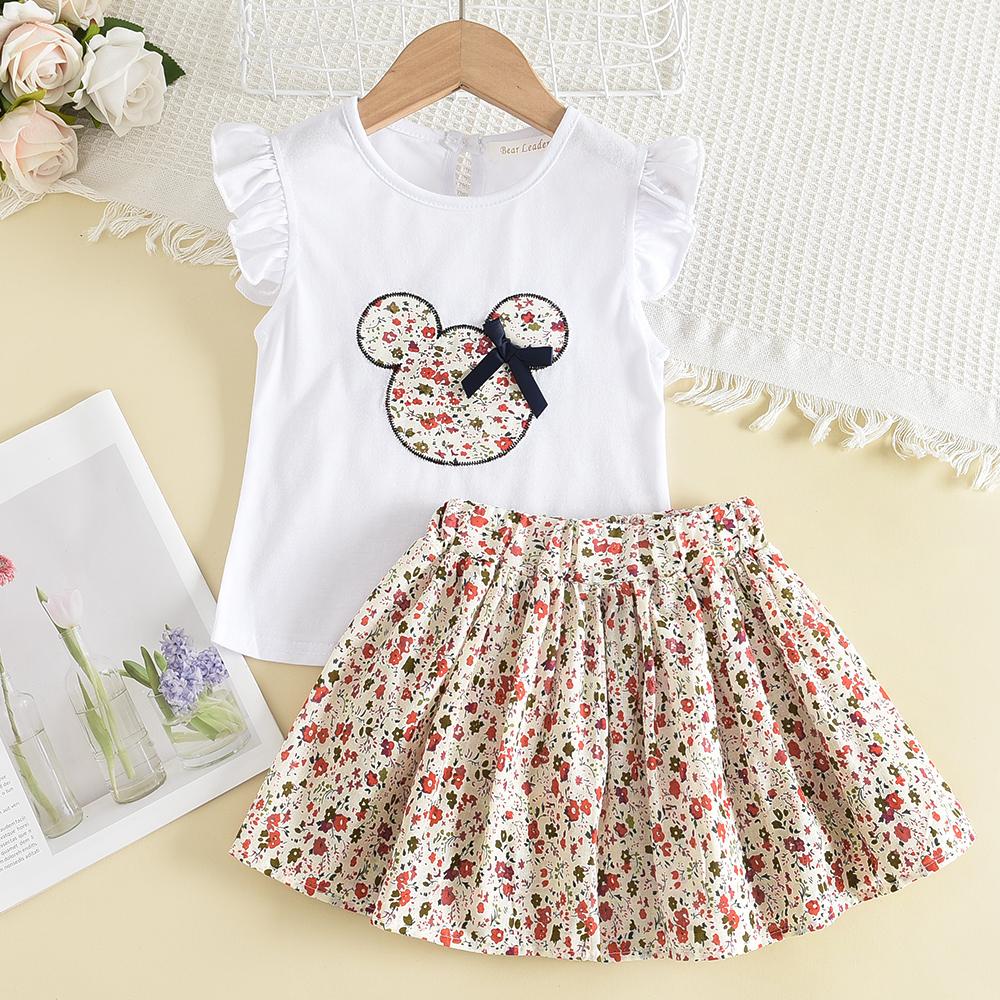 Summer 2Pcs Girls Clothes Sets Floral Cartoon Kids Ruffle Sleeve Top and Skirt Outfits Casual Girls Boutique Outfits 2T