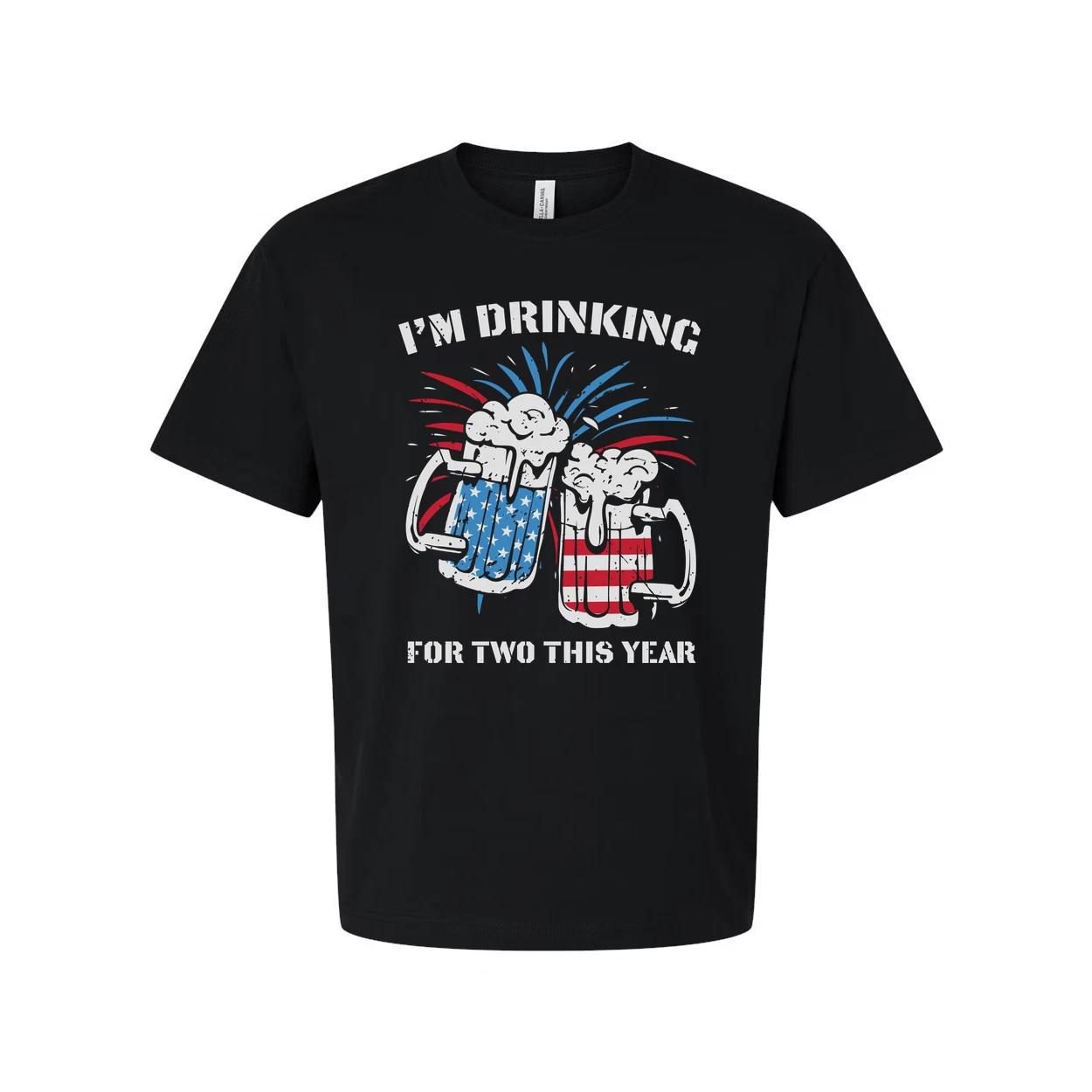 

Patriotic Unisex T Shirt With American Flag Themed Beer Mugs And Fireworks Graph 2XL