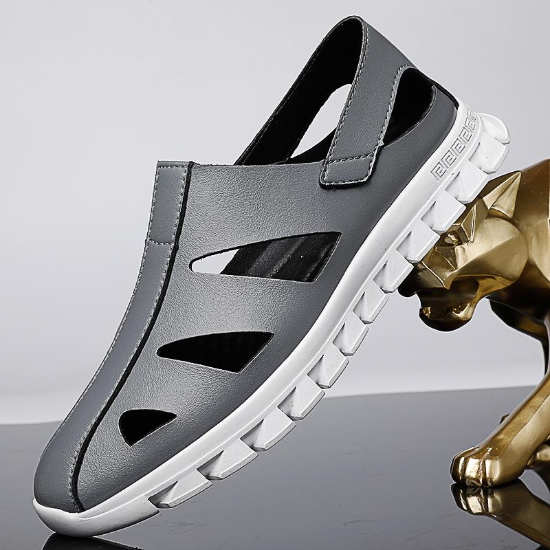 FashionGenuine Leather Men Black/Gray Sandals Dress Shoes Summer Beach Shoes Business Breathable Hollow Out Soft Thick Soles Sandals