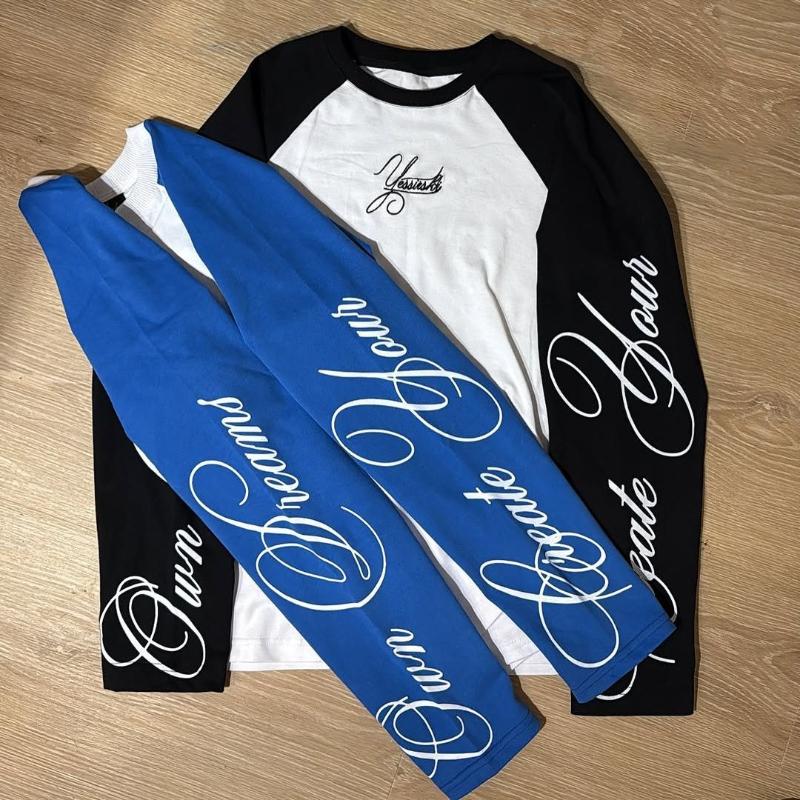 European and American round neck long sleeved letter printed men's loose casual color blocked top