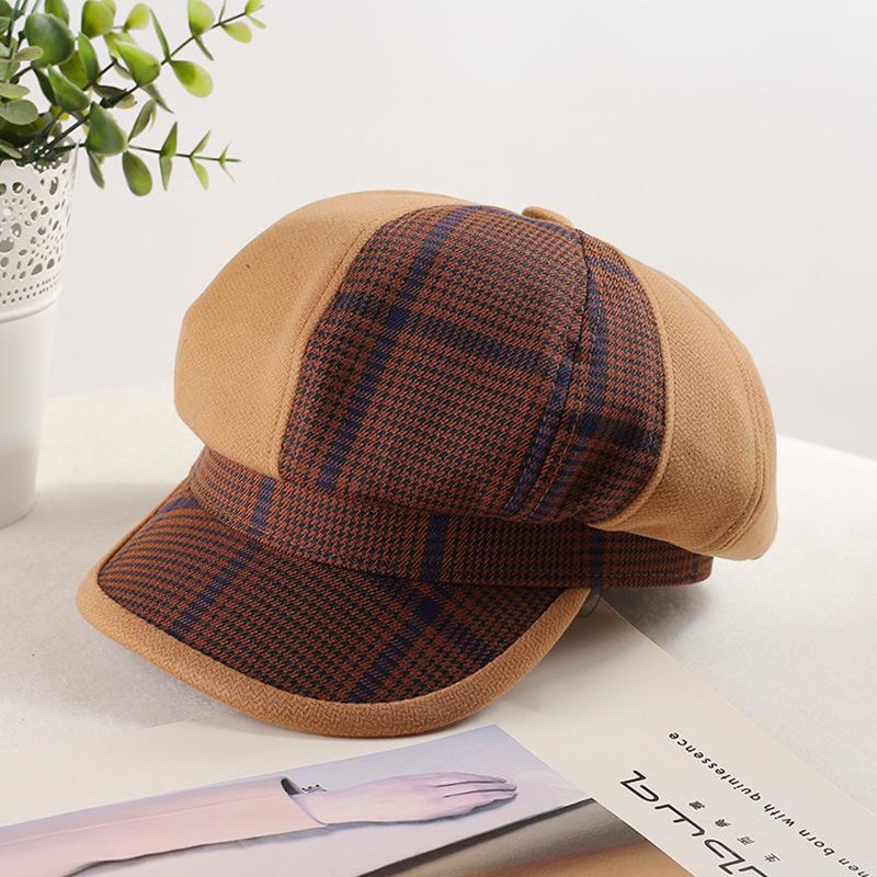 British Retro Light Luxury Octagonal Hat Children's New Autumn and Winter Plaid Splicing Newsboy Hat Fashion Painter Hat
