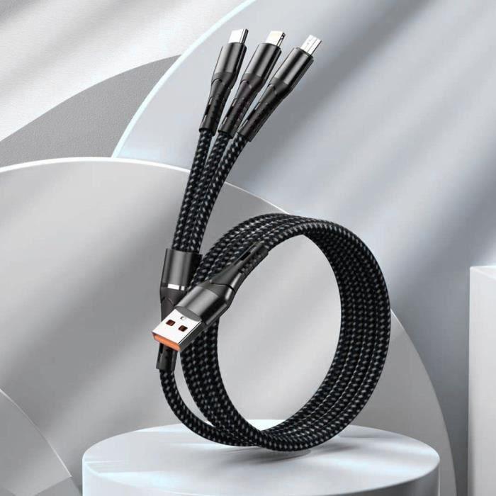 3-in-1 Charging Cable for Samsung Galaxy A14 4G-5G, A34 A54 5G A53 A52 M13 M23 5G, USB-C Micro-USB Cable Black 1.2 Meter