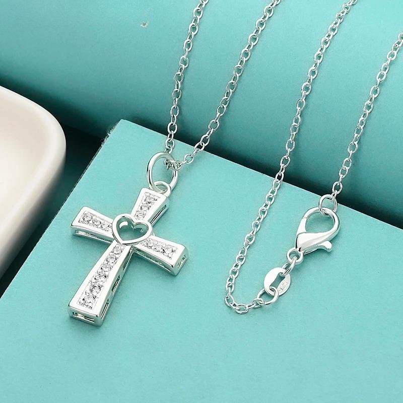 Charms Classic 925 Sterling Silver Crystal Cross Pendant Necklace for Women High Quality Wedding Party Jewelry Holiday Gift