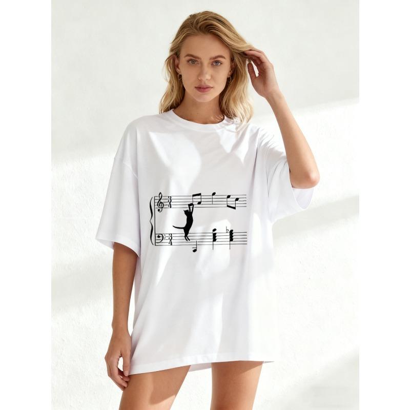 Black Oversized T Shirt With Music Notes And Cat Silhouette Print For Casual Wear
