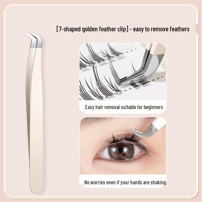 

BQI 7-Shaped Eyelash Tweezers with Gold Feather Clip for Beginners