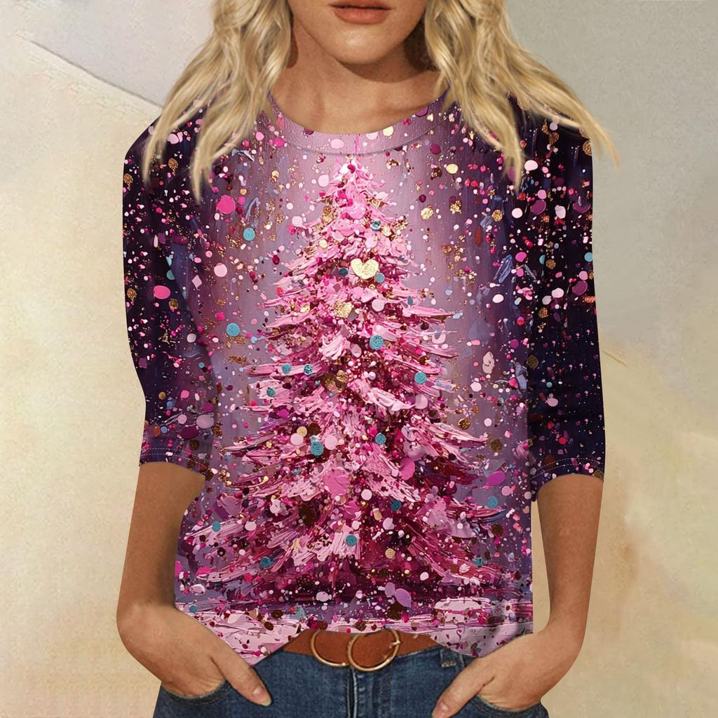 Women's Fashion Casual Round Neck 3/4 Sleeve Loose  Printed T-Shirt Ladies Top