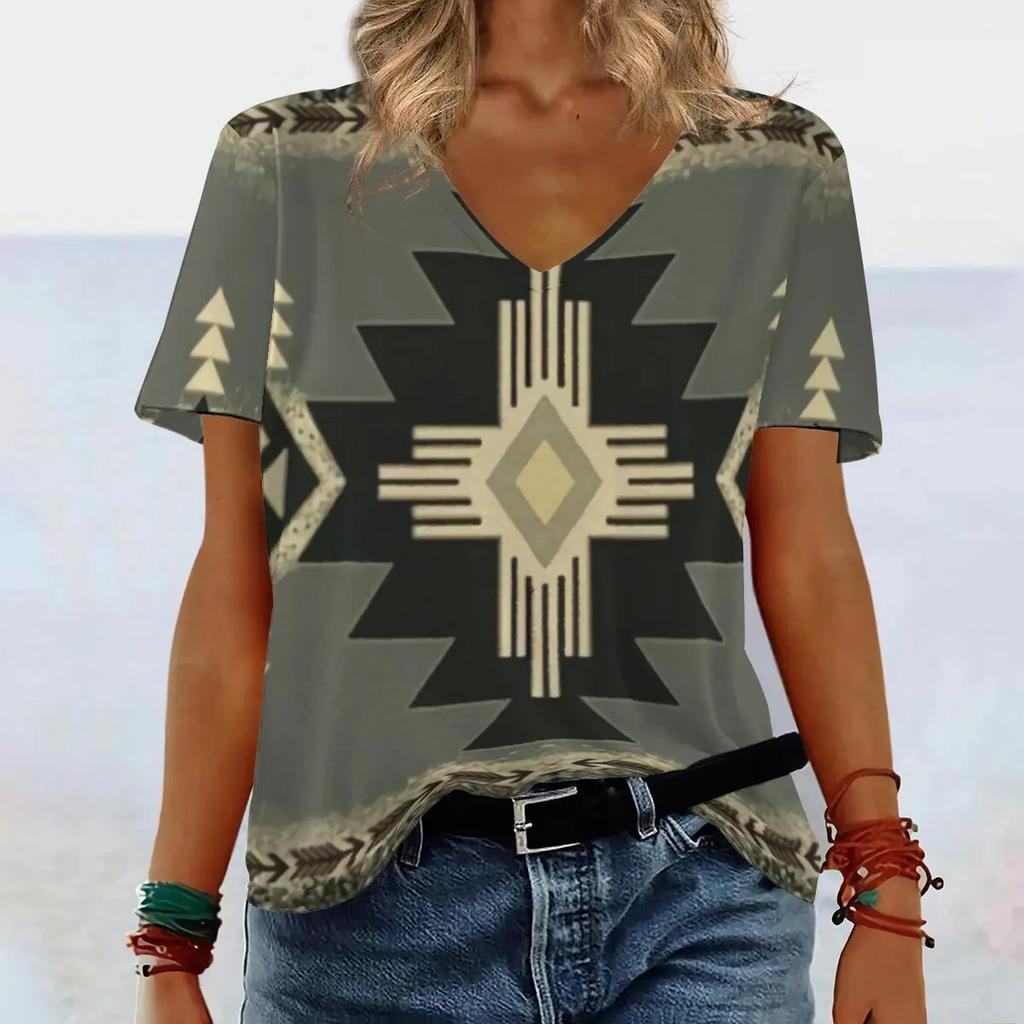Short Sleeved V-neck Summer Ethnic Style Print Design Casual Women's T-shirts