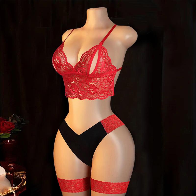 Sexy Women's Bra Panties Lace Set with Leg Rings Neck Rings Sex Underwear