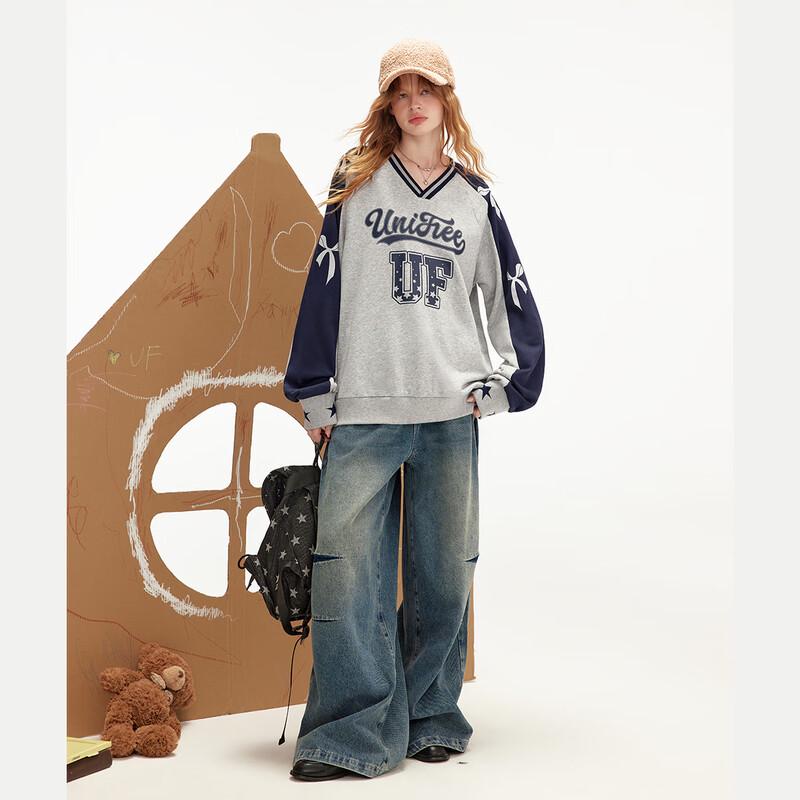 UNIFREE Women's American Retro Color-block V-Neck Sweatshirt