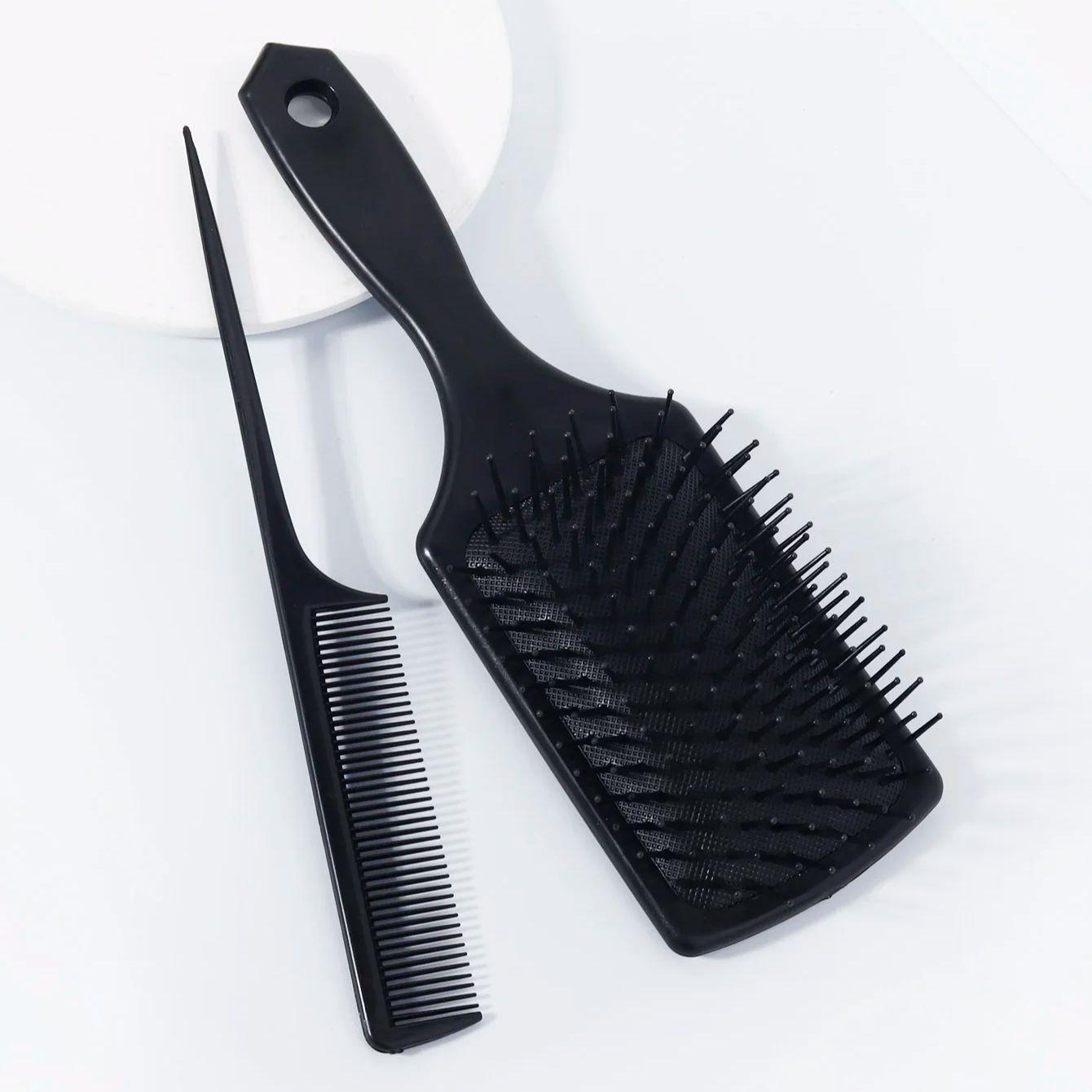 

2pcs black comb set, exfoliating anti-static paddle style air brush, pointed tail comb, suitable for all types of hair