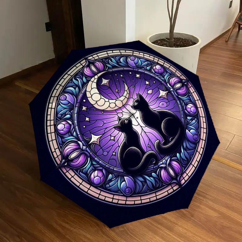 1pc Stained Glass Cats Moon Night Umbrella with Plastic Handle,Suitable for All Seasons Home Travel Outdoor UmbrellaDD063