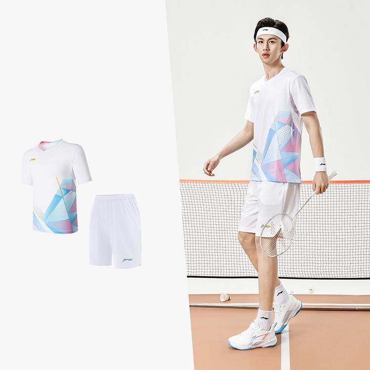Li-Ning Color Block V-Ausschnitt Sportwettkampf Kurzarm T-Shirt Unisex Tops Standard-Weiß AAYU127-2