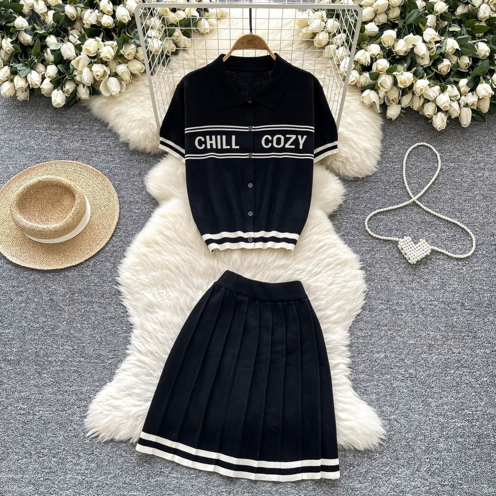 Summer Women Knitted Sweater College Letter Two Piece Set Fashion Girl Single Breasted Cardigan Top and Mini Pleated Skirt Suit