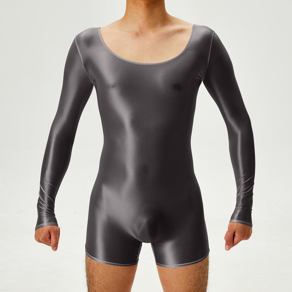 Sexy Men Dual Use Top T-Shirt Backless Bodysuit Stain Smooth Oil Glossy Shiny Sexy Tights Elastic Yoga Shapping Leotard Plus