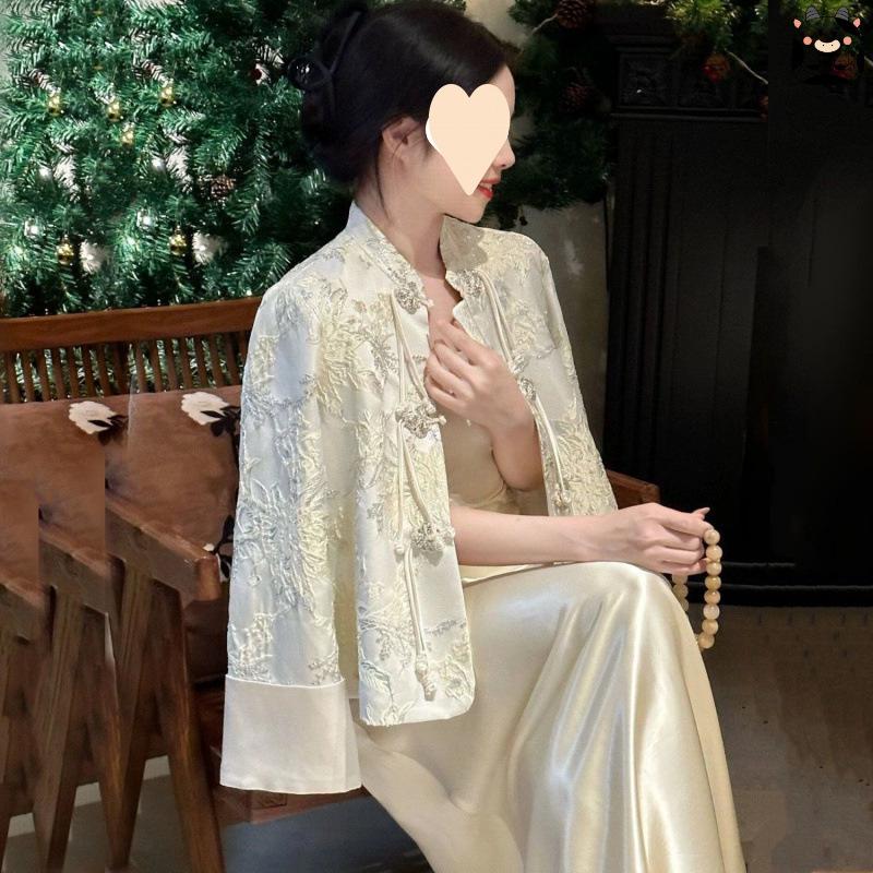Plus Size Women's Luxury Tang Suit: Satin Frog Button Jacket & Skirt Set
