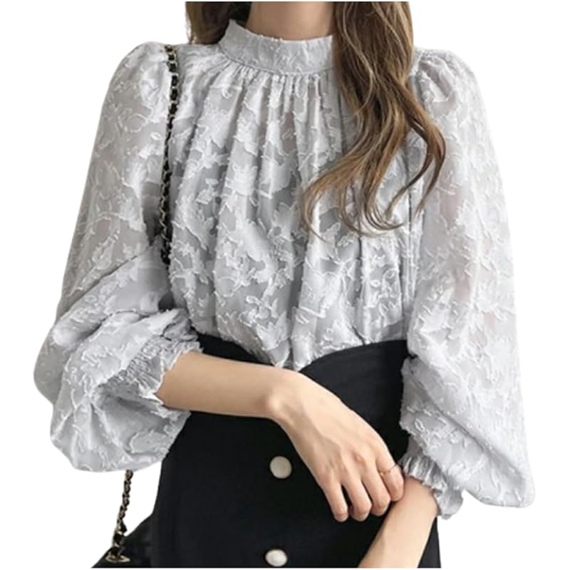 

[Meluse] блузка для гонок жаккардовый цветочный топ с высоким воротом рукав-фонарик весна лето осень женская кружевная блузка полное кружево Похудеть женственно