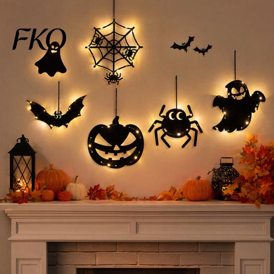 Cool Halloween Designs Pumpkin Hanging Decor, Non-Woven Ghost Ornament with Light String, Spooky Holiday Decorations Door Wall Decor for Party
