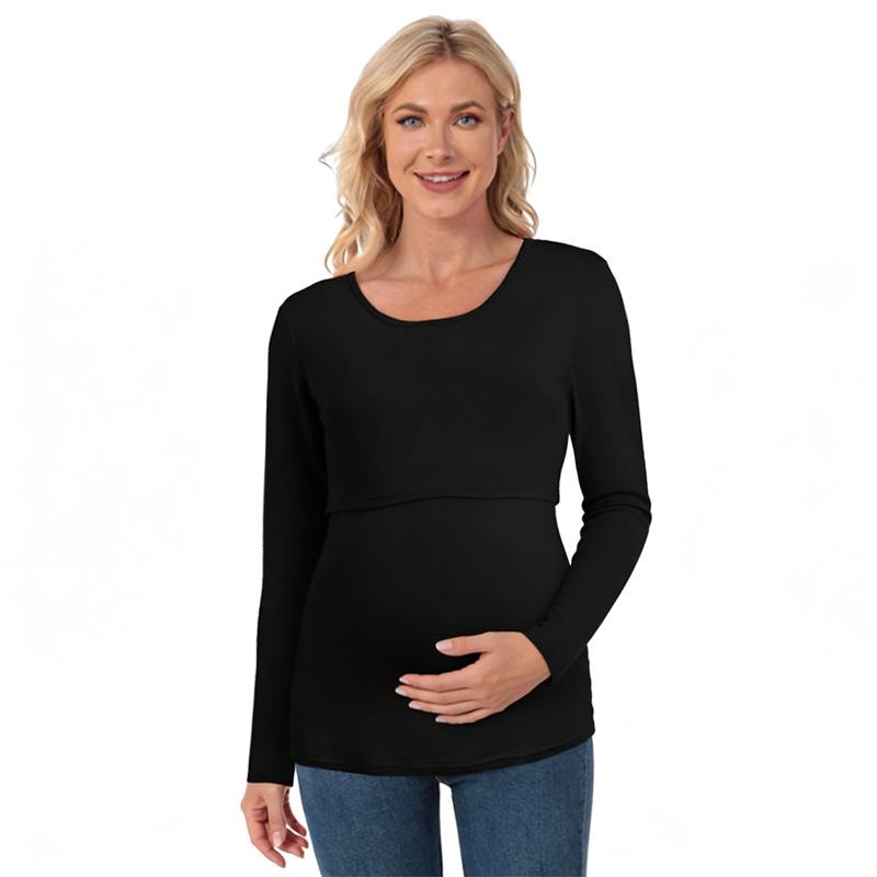 

Plus Size Long Sleeve Nursing Top for Postpartum and Pregnant Women - European & American Style XXL чорний