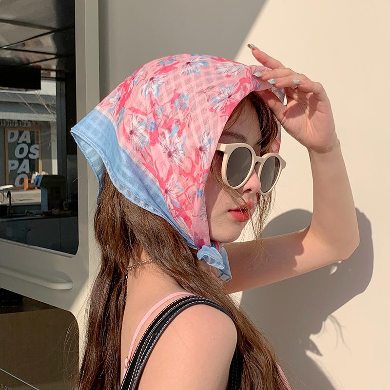 1116 new small square scarf cotton and linen headscarf sunshade photo headgear small fresh literary headband flower casual silk scarf