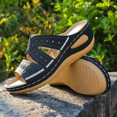 2023 Léto Ženy Sandály na klínu Prémiové ortopedické sandály s otevřenou špičkou Vintage Protiskluzová kůže Neformální Dámské Retro boty na platformě
