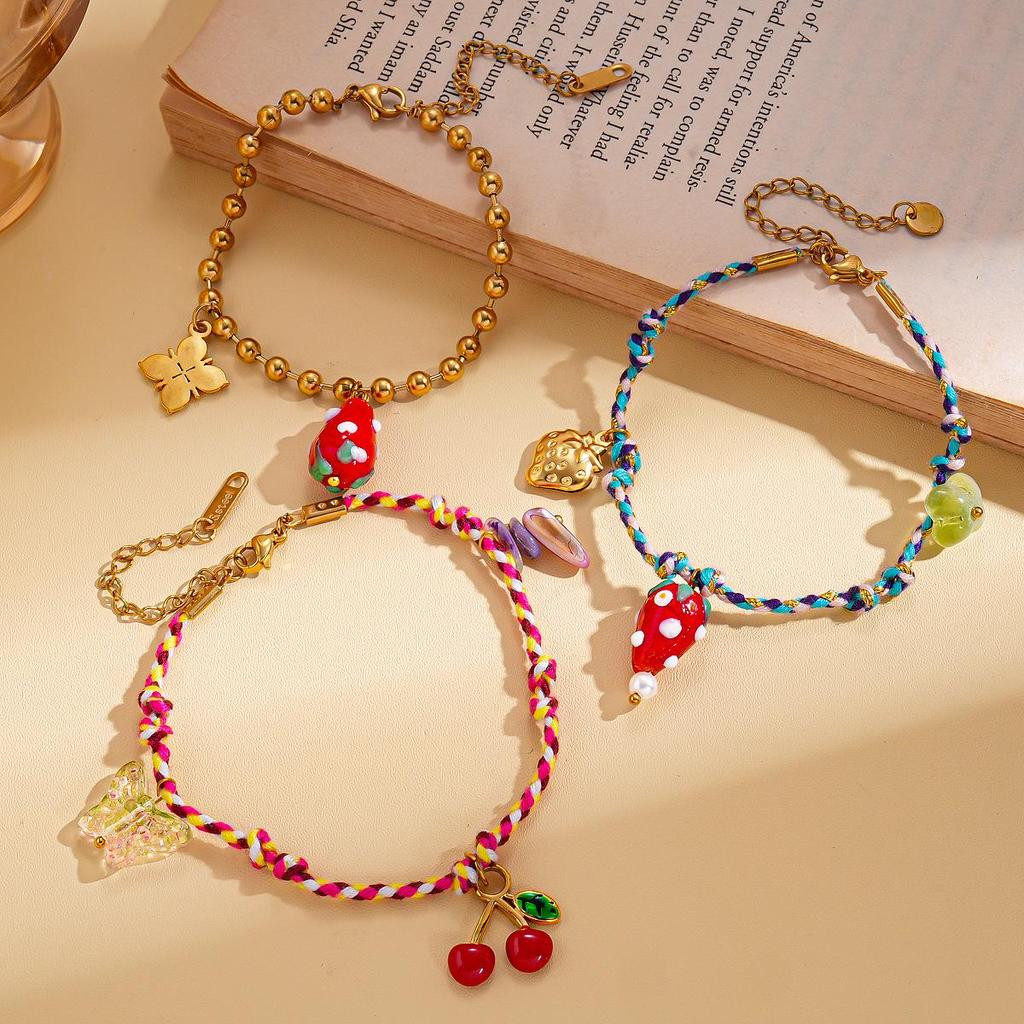 Stainless Steel Cherry & Butterfly Tassel Bracelet - Fashionable, Sweet, and Unique Design