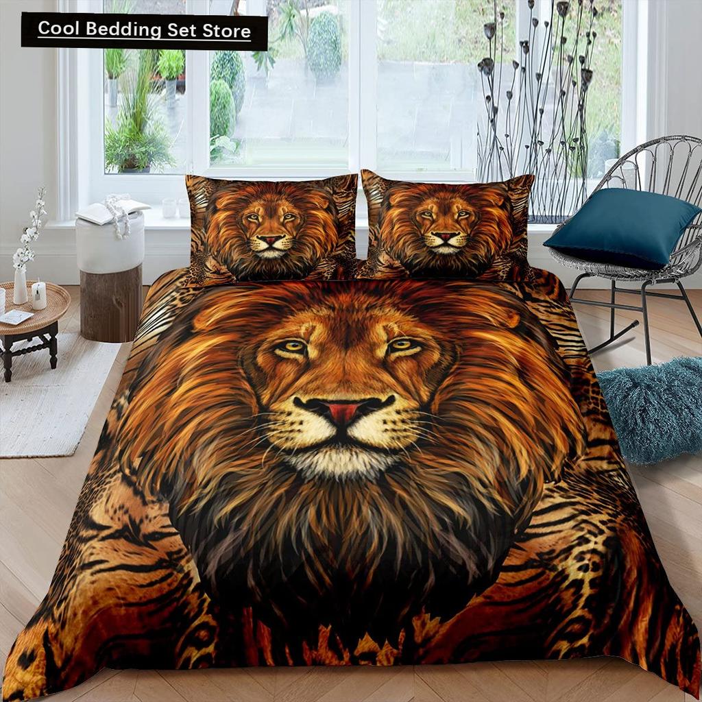 Rei Leão Rainha Capa de Edredom Conjunto de Cama Animal Relâmpago Leão Dourado 2/3 Peças Capa de Edredom Cinza Preto Dourado Poliéster Capa de Edredom