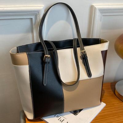 Fashion Splicing PU Tote Bag, Lightweight Handbag, Large Capacity Simple Commuter Shoulder Bag, Women's Bags