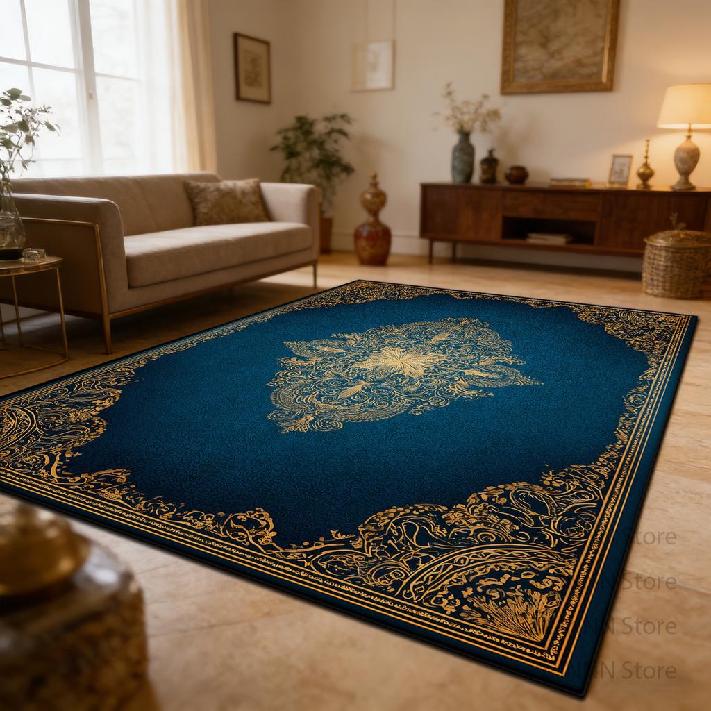 Teppich für Wohnzimmer Europäischer Stil Luxus Blauer Teppich Dekoration Zuhause Maschinenwaschbar Weich Rutschfeste Matte Große Größe Anpassbar