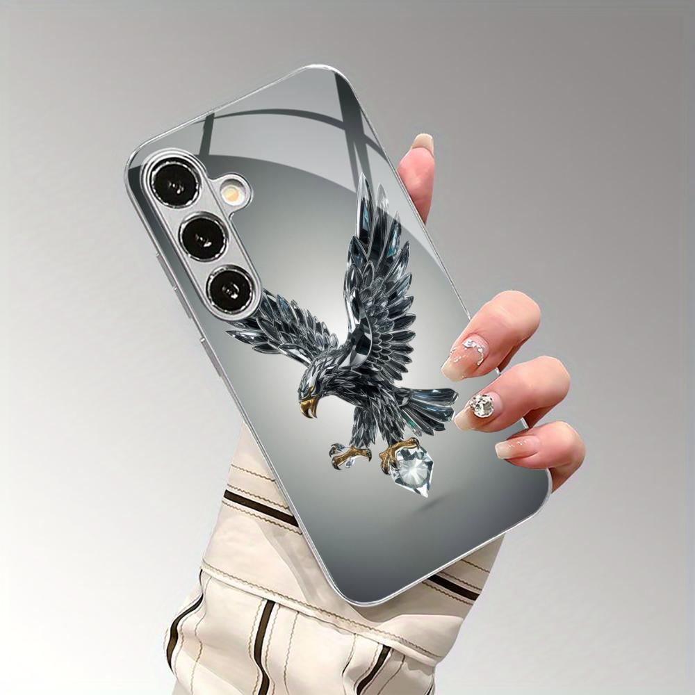 Glass Crystal Eagle Silver Electroplated Glass Phone Case For Samsung Galaxy S25 Ultra S24 S23 S22 Plus Hard Shockproof Cover