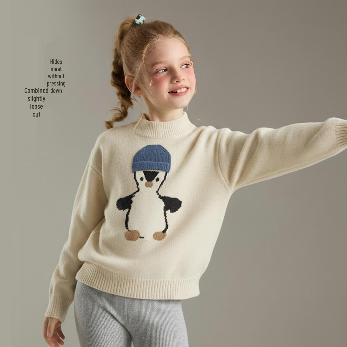 Girls Stylish Jacquard Penguin Sweater - 2025 Autumn Collection, Medium & Large Children s Pullover Knitwear 130 cm