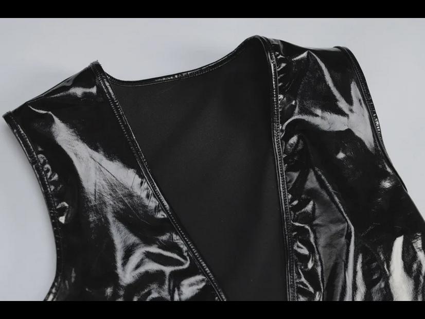 2024 High Elastic Mirror PU Leather V-Neck Sleeveless Sexy Dress for Women