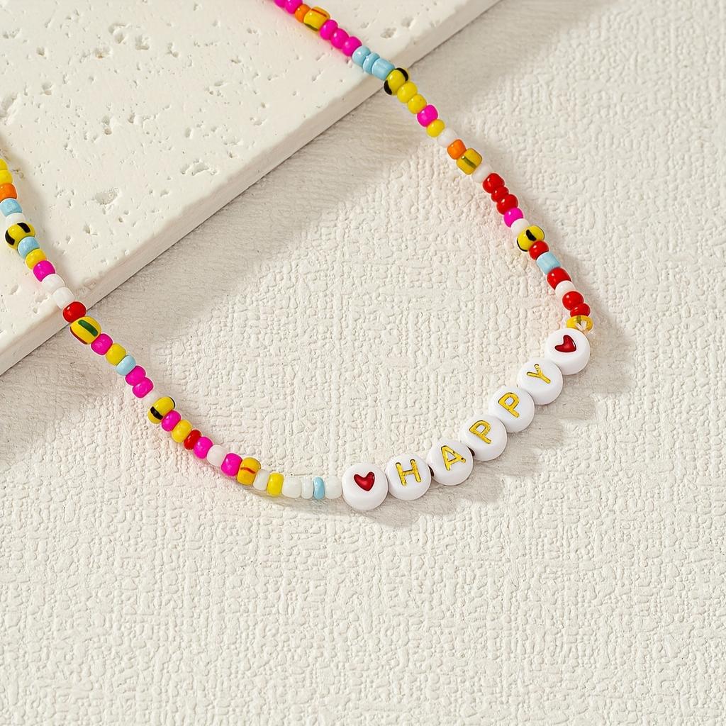 Bohemian Handmade Color Beaded Necklace Fashion Color Ball Beaded HAPPY English Pendant