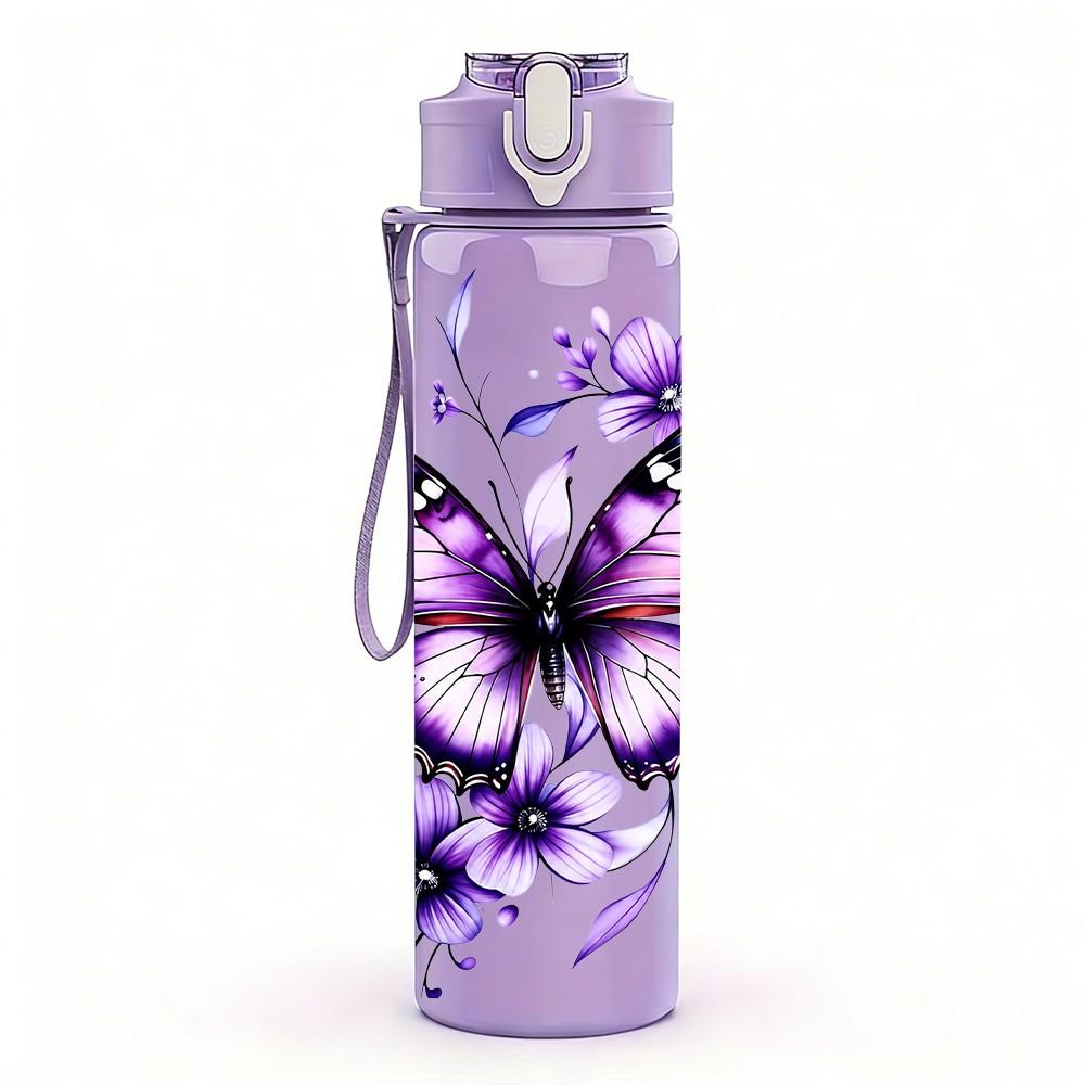 1PC Purple Butterfly Flower Pattern 750ml Color Plastic Sports Water Bottle Leakproof Flip Straw Lid Suitable for Sports Office Home Use