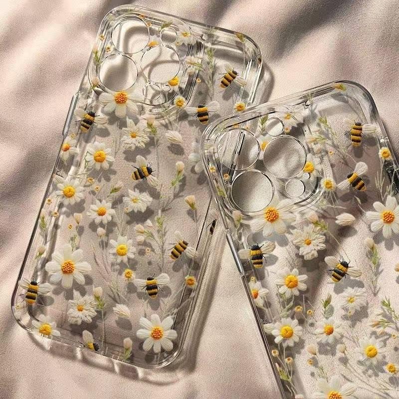 Bee daisy pattern transparent phone case suitable for iPhone17 16 15 14 13 12 11Pro/Max/Plus anti drop and shockproof back cover