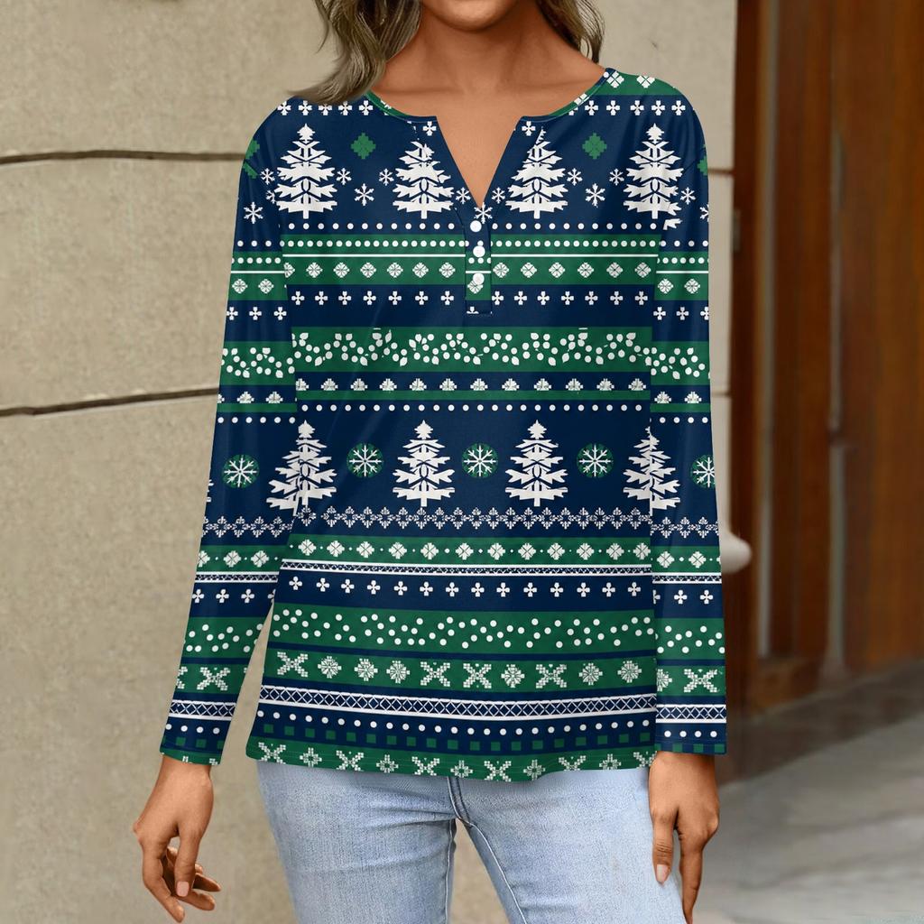 Women's Casual Christmas Print V-Neck Long Sleeve T-Shirt with Button