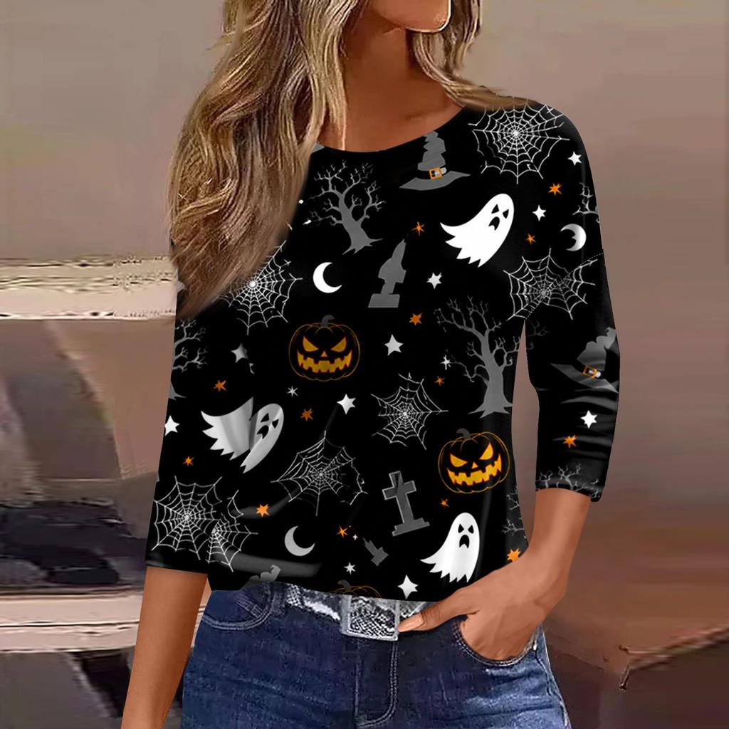Women's Casual Three-Quarter Sleeve Round Neck Top with Halloween Print for Holiday Outfits