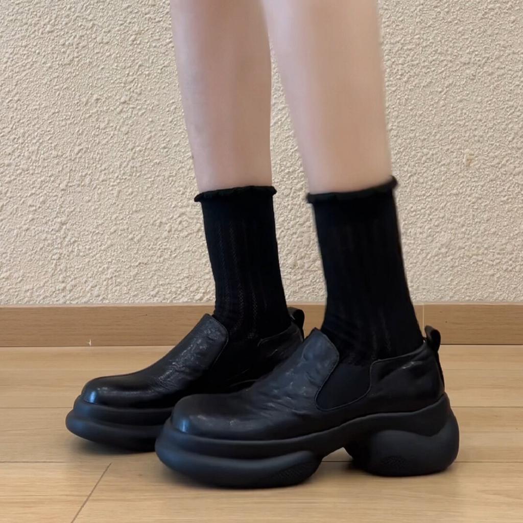 Retro British style round head thick-soled small leather shoes autumn and winter muffin bottom middle mouth one pedal single shoes loafers