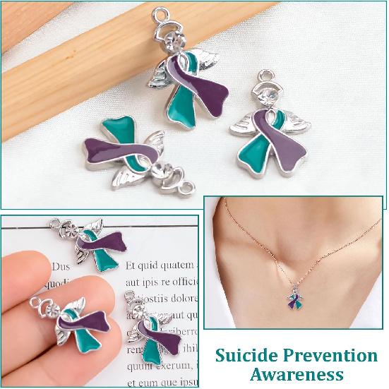 WANDIC 50 ks přívěsků s mašličkou s diamantem, slitina přívěsků na podporu povědomí o rakovině s křídly, přívěsky s mašličkou naděje a víry, doplňky pro výrobu šperků