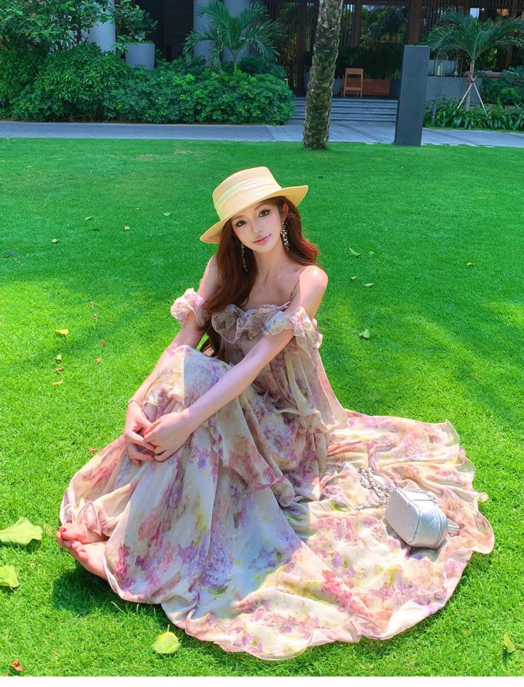 French gentle wind multi-layer floral suspender dress women's summer vacation small high-end feeling beautiful cake dress
