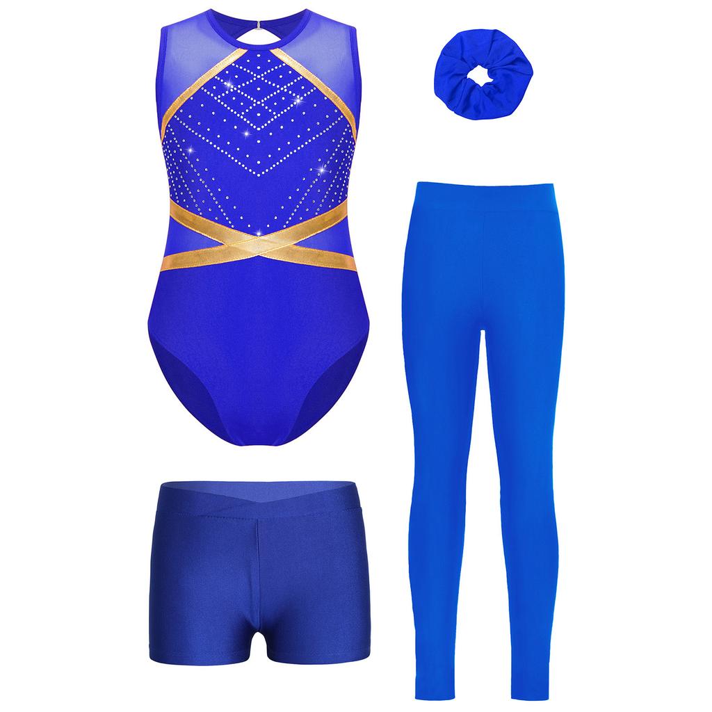 Complete 4Pcs Performance Set for Girls Keyhole Back Rhinestone Leotard with V-front Shorts & Headwear