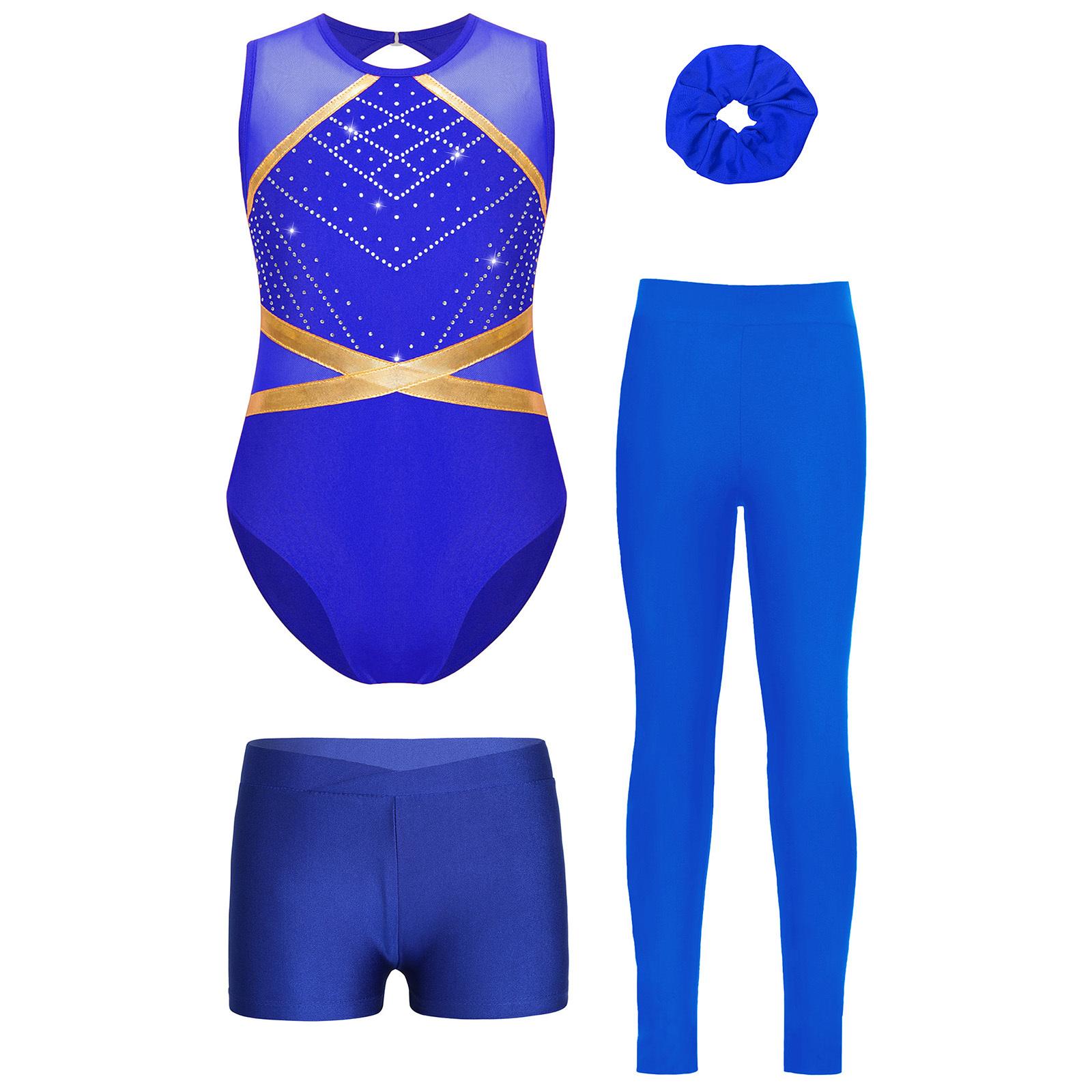

Комплект для гимнастики и танцев для девочек, без рукавов, блестящий купальник со стразами, V-образный пояс, шорты, леггинсы, головной убор 5-6 Years