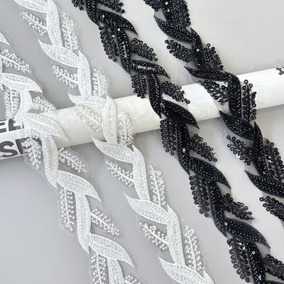 Mesh Machine Embroidery Black And White Beads Sequined Leaves Embroidery Lace Handmade Diy Accessories Decorative Clothing Accessories